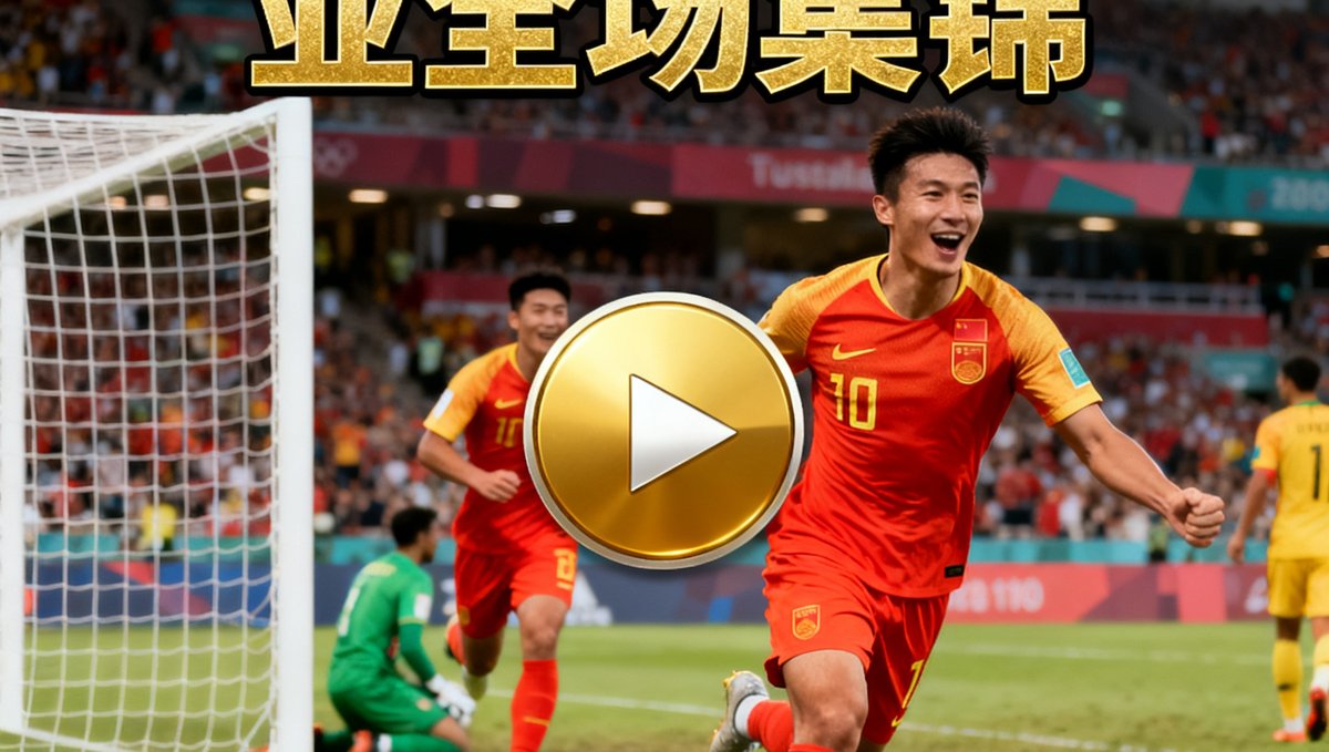中国队vs澳大利亚全场集锦视频封面，画面中中国球员在进球后奔跑庆祝，中央显示金色播放按钮